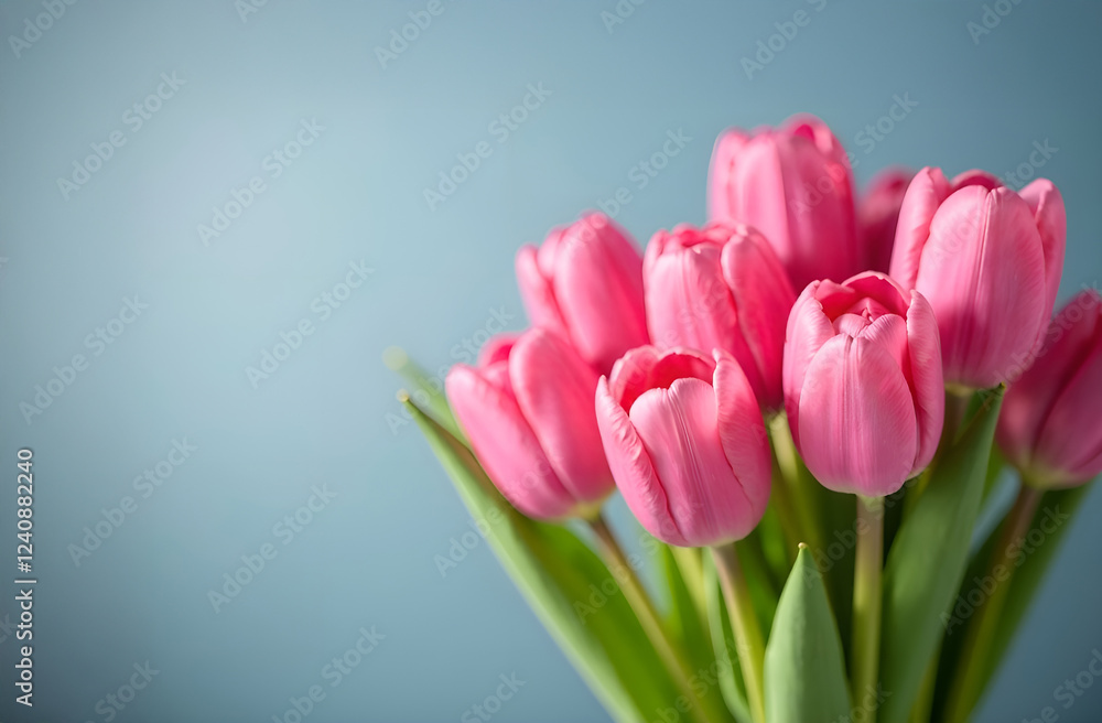 Beautiful bouquet of tulip flowers on blue background. Greeting for International Women's Day on March 8th. Selective focus, blurred background. Beautiful bouquet of tulip flowers on blue background. Greeting for International Women's Day on March 8th. Selective focus, blurred background.