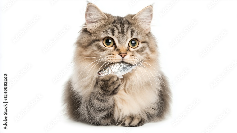 A cat with bright eyes, sitting upright while holding a shiny silver fish in its mouth. A cat with bright eyes, sitting upright while holding a shiny silver fish in its mouth.