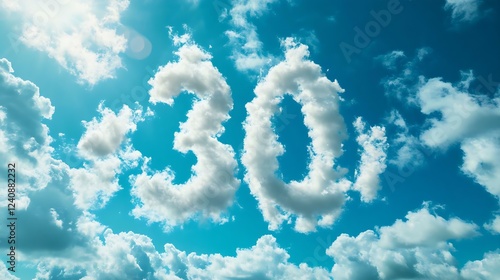 Beautiful blue sky with fluffy clouds forming the number 30, symbolizing age, celebration, or milestones. Perfect for birthdays or anniversaries.