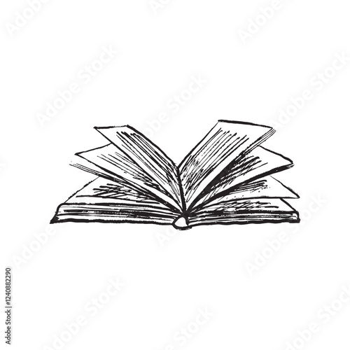 Opened book with paper pages in brush stroke texture. Hand drawn vector sketch illustration in vintage charcoal ink style. Reading, library concept, book store, back to school, study process