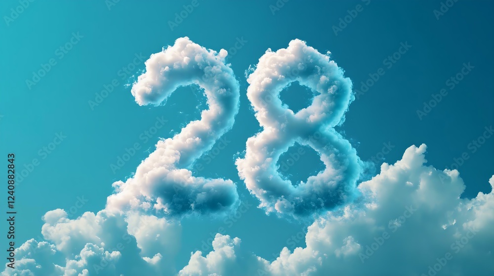 Artistic depiction of the number 28 formed by fluffy clouds against a bright blue sky, perfect for creative projects and thematic designs. Artistic depiction of the number 28 formed by fluffy clouds against a bright blue sky, perfect for creative projects and thematic designs.