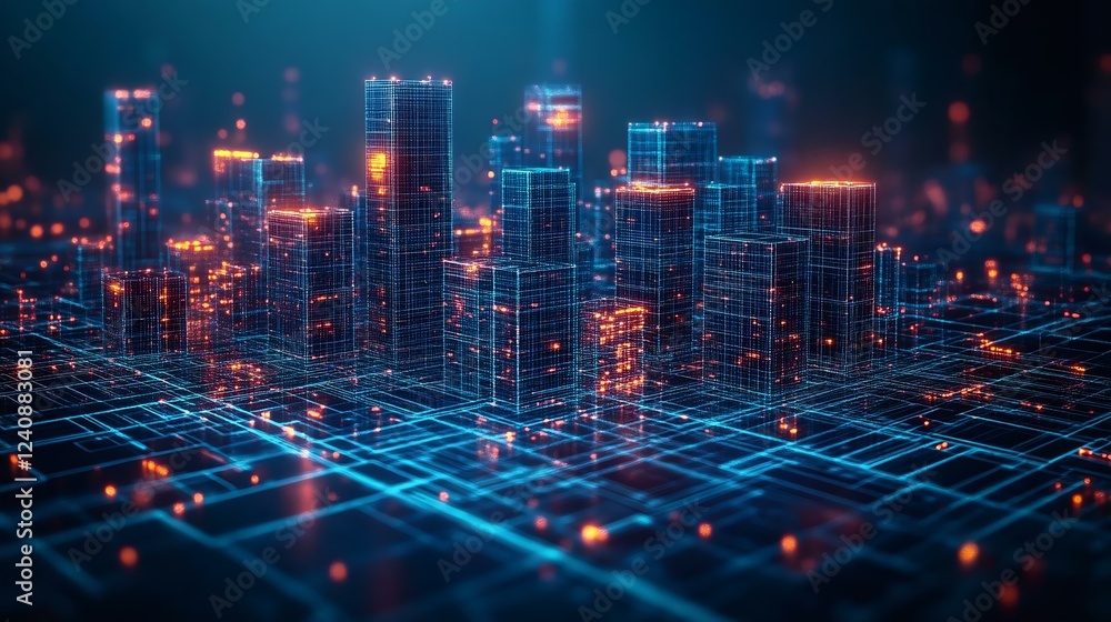 Futuristic digital skyline with glowing buildings and a grid, symbolizing technology, innovation, and urban development. Futuristic digital skyline with glowing buildings and a grid, symbolizing technology, innovation, and urban development.