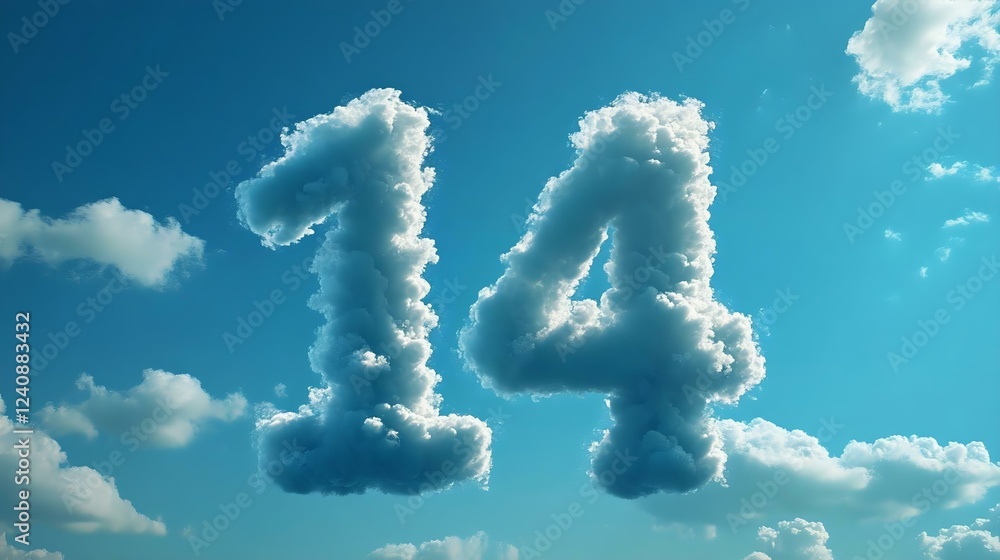 Clouds forming the number 14 against a bright blue sky, creating a whimsical and dreamy atmosphere. Ideal for creative and educational themes. Clouds forming the number 14 against a bright blue sky, creating a whimsical and dreamy atmosphere. Ideal for creative and educational themes.