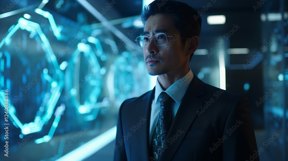 © CybStars - A focused businessman in a sleek suit stands against a high-tech backdrop, showcasing futuristic technology and digital displays. © CybStars - A focused businessman in a sleek suit stands against a high-tech backdrop, showcasing futuristic technology and digital displays.