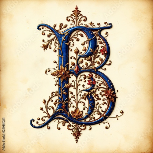 Ein kunstvoll mittelalterliches „B“, mit goldenen Filigranmustern, floralen Elementen und geschwungenen Ornamenten auf gealtertem Pergament. Tiefblaue und rubinrote Akzente betonen den edlen Charakter photo