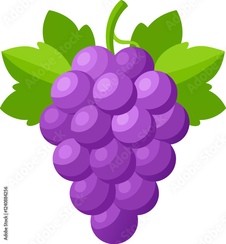 A bunch of purple grapes with green leaves, illustrating a fresh fruit design.