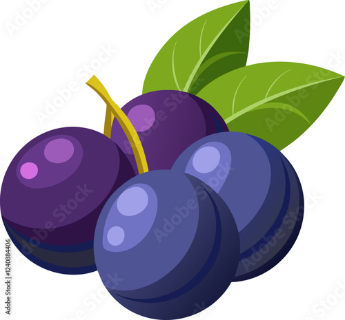 A digital illustration of plums with green leaves, showcasing their vibrant colors.