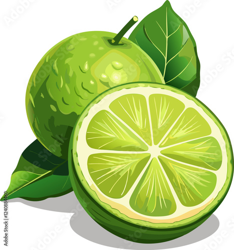 A vibrant illustration of a lime with leaves, showcasing its fresh and juicy interior.