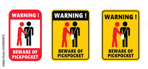 warning, beware of pickpocket. Caution, stop pick pockets awareness. Beware thief steals money, purse, wallet or valuables in your bag. Robbery, thief and crime icon. Anti theft and hand concept
