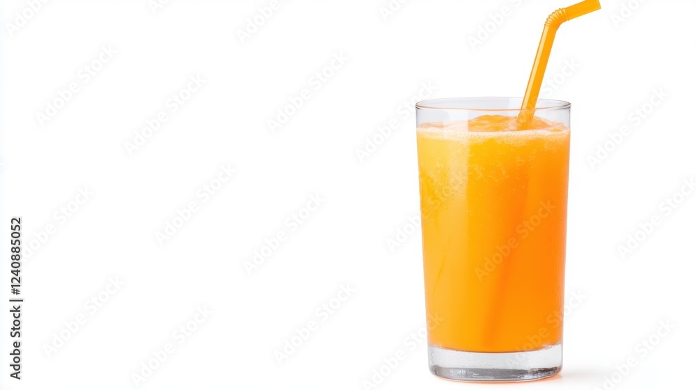 A refreshing glass of orange juice with a straw, showcasing its vibrant color against a clean white background. A refreshing glass of orange juice with a straw, showcasing its vibrant color against a clean white background.