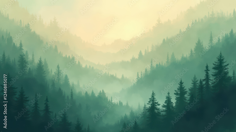 Obraz premium Enchanted Forest Scene with Thick Fog and Majestic Coniferous Trees