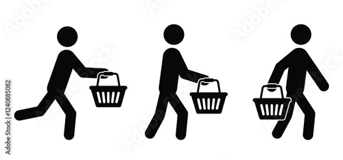 People are shopping, purchase. supermarket basket or cart. Shopping basket or containing bag. Buy and sale in supermarket, self service. Shopkeeper icon. Empty hand bag. Shopping baskets logo.