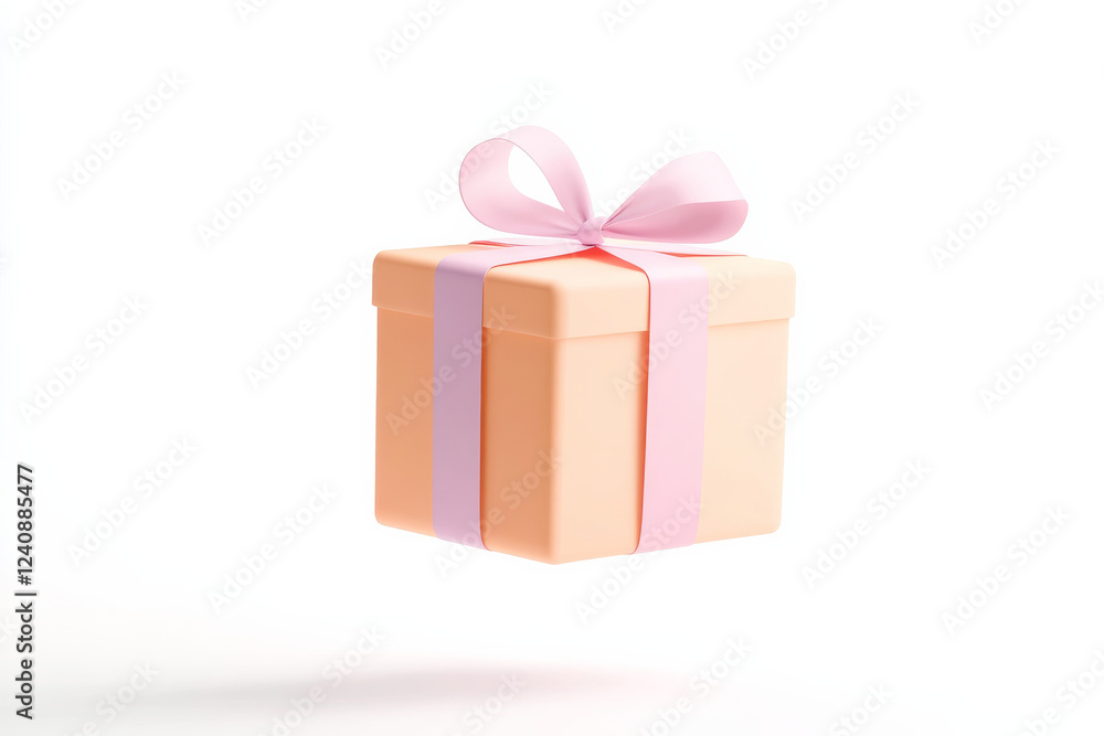 Obraz premium Floating gift box with pastel ribbons on a white background showcases excitement and surprise for various celebrations