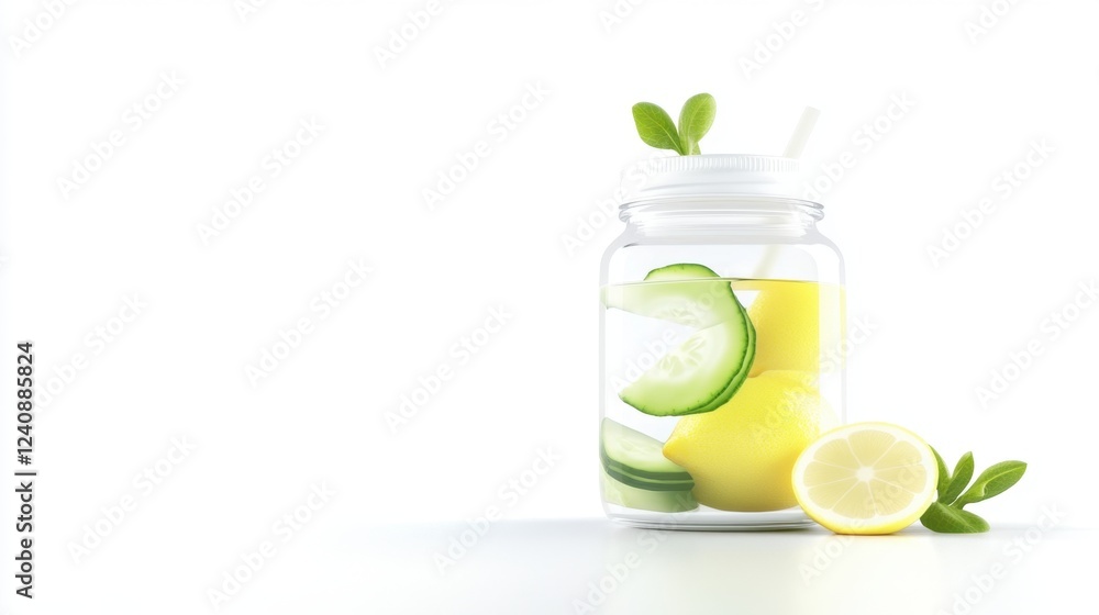 Fototapeta premium A refreshing jar of lemon and cucumber-infused water garnished with mint leaves, ideal for hydration and wellness.