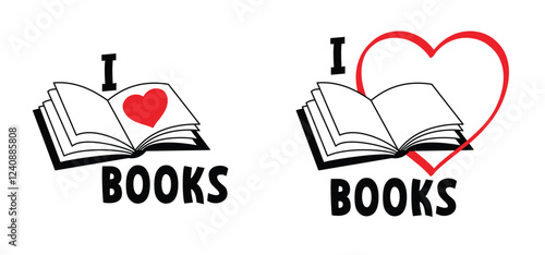 I love books, Book lovers. Open book and pages with lover and heart. Education concept. Line drawing. Opened books sign. Book store logo. Concept of love of reading