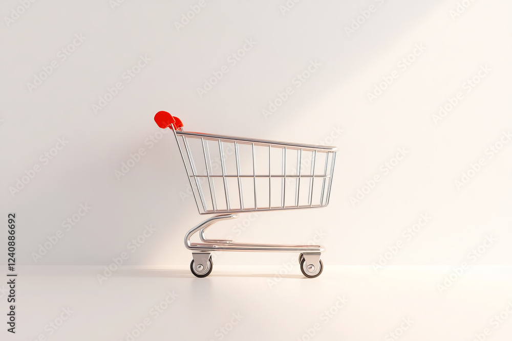 Shiny shopping cart with red handle positioned against a bright background Shiny shopping cart with red handle positioned against a bright background
