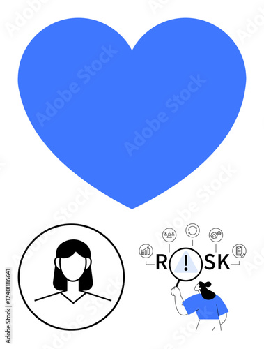 Blue heart, circular black-and-white avatar, and person analyzing RISK with magnifying glass. Ideal for safety, love, health, analysis, decision-making awareness and trust topics. Abstract line