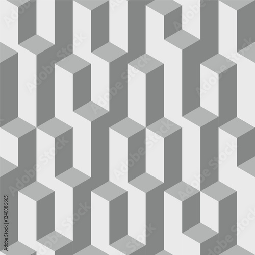 Vector isometric seamless pattern. Infinitely repetitive cubical prism pattern in black and white, shades of grey. Assymetrical and chaotic, random texture. Visual illusion, 3D background