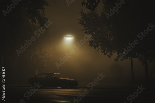Mysterious late night scene with fog and a lone car illuminated by streetlight