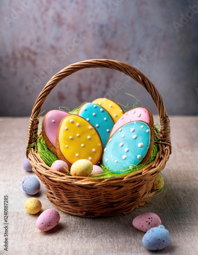  Easter greeting card with glazed cookies and colorful easter eggs in basket . With copy space  photo