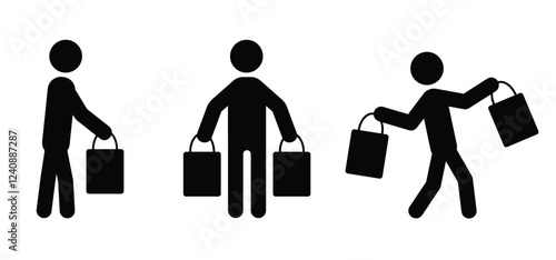 Happy walking people are shopping with handbag. supermarket, shopping bag. Papers, shopping bags or fabric bags. Cartoon paper bags. Consumerism, buy or purchases. Shopping time, big sale. 