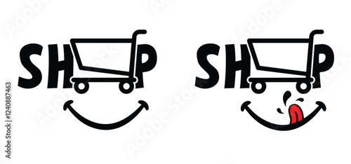Slogan shop with purchase. Supermarket basket or cart. Shopping basket or containing bag icon. Empty supermarket pushcart. Shopping cart or trolley logo. Supermarket, self service.