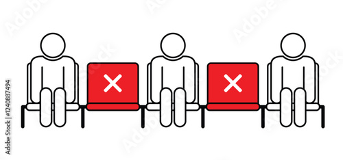 Social distancing, Keep your distance. Mpox, Corona virus epidemic protective. No, seating or seat, avoid crowds. Cartoon waiting room icon. Sit or wait on a chair.