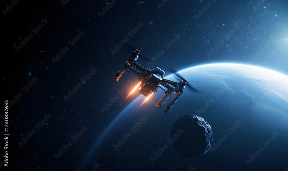 Naklejka premium Futuristic Drone with Rocket Engines Flying in Space Over Asteroid and Earth
