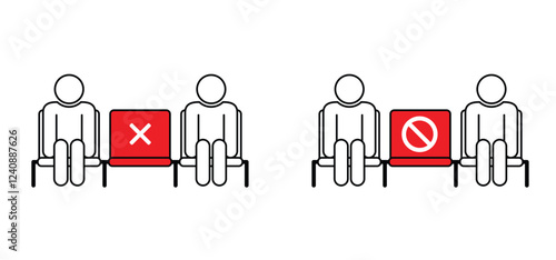 Social distancing, Keep your distance. Mpox, Corona virus epidemic protective. No, seating or seat, avoid crowds. Cartoon waiting room icon. Sit or wait on a chair.