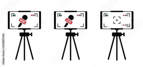 News, live recording, journalist concept. Hand drawn framed snapshot. Mobile phone video camera viewfinder, rec. Cartoon player, microphone, podcast, voice. Reporter take interview, press conference.