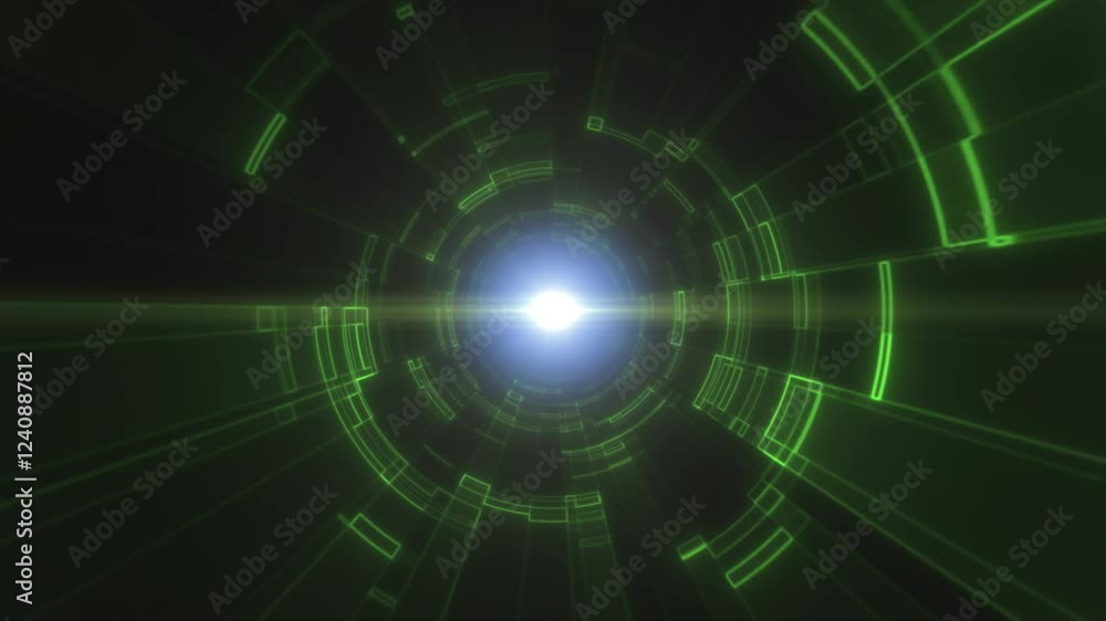 A futuristic, green digital tunnel with concentric circular patterns and glowing lines technology and data flow background, video in high quality 4k, motion design