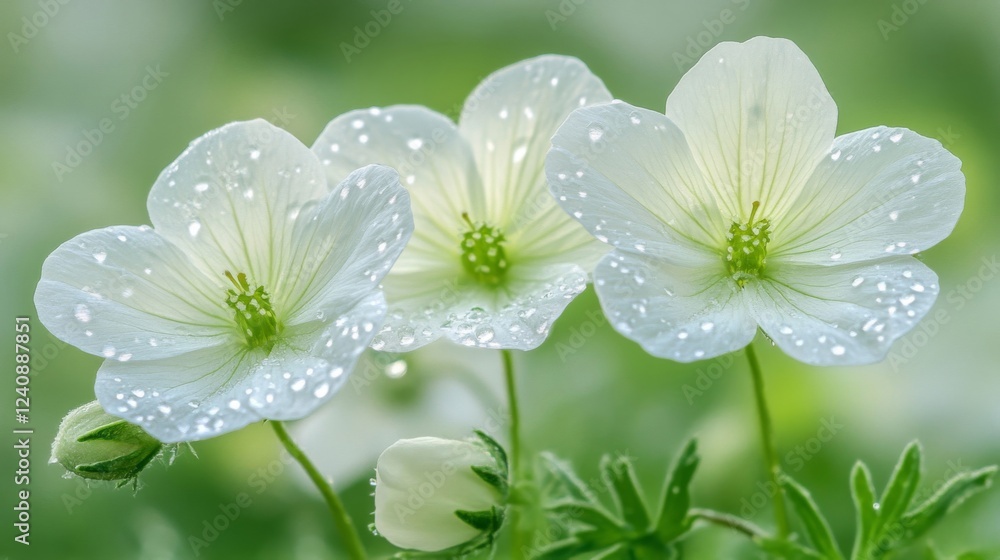 Three White Flowers with Dew Drops Three White Flowers with Dew Drops
