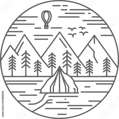 Nature and travel line art boho vector outdoor badge or emblem. Round bohemian logo design. Modern symbol in trendy minimalist lineart style. Perfect for apparel prints or posters. photo