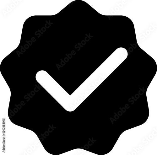 Bold black checkmark icon inside a stylized badge. Perfect for app interfaces, websites, presentations, and marketing materials needing a simple, modern approval or completion symbol.