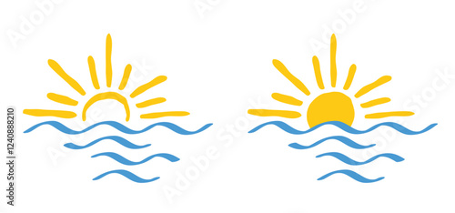 Cartoon drawing half sun or sunlight and sea. Shining rays of light. Sunrise suns. Weather tools. Power, Sun rise line pattern. Sunshine sunset. water, sea surface. Downwards or upwards wave.