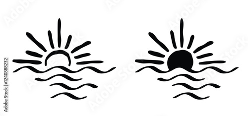 Cartoon drawing half sun or sunlight and sea. Shining rays of light. Sunrise suns. Weather tools. Power, Sun rise line pattern. Sunshine sunset. water, sea surface. Downwards or upwards wave.