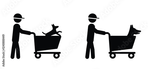 No dog in shopping cart or trolley. Do not domestic animal in supermarket pushcart. Supermarket, self service. No pet allowed sign. No dogs symbol. Prohibition mark with dog in shopping carts.