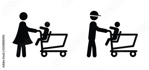 People are shopping. Supermarket pushcart. Shopping cart or trolley, man or woman with kids. Supermarket, self service. Online shop market keeper. Shopkeeper icon. Empty handcart. 