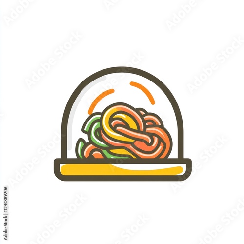 Colorful pasta dish under glass dome, food delivery service photo