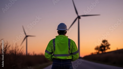 Worker in Reflective Gear Observes Wind Turbines at Sunset With High Detail