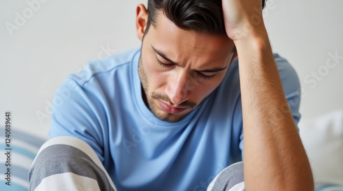 A Young Man Sits on a Couch, Visibly Troubled and Deep in Thought