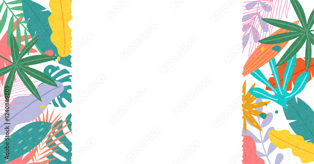 Hello Summer Greeting concept tropical design, abstract illustration with jungle exotic leaves, colorful design, summer background with vertical blank space for sales and promotions or website Hello Summer Greeting concept tropical design, abstract illustration with jungle exotic leaves, colorful design, summer background with vertical blank space for sales and promotions or website
