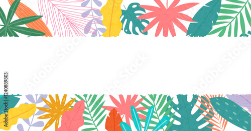 Hello Summer Greeting concept tropical design, abstract illustration with jungle exotic leaves, colorful design, summer background with horizontal blank space for sales and promotions or website