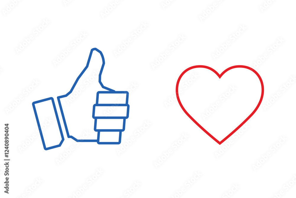 Obraz premium Hand with finger up and heart. Set vector linear icon illustration isolated on white background.