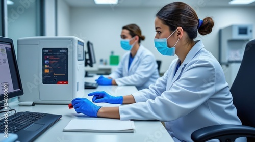 Technician Analyzes Blood Samples Using Automatic Analyzer in Laboratory photo