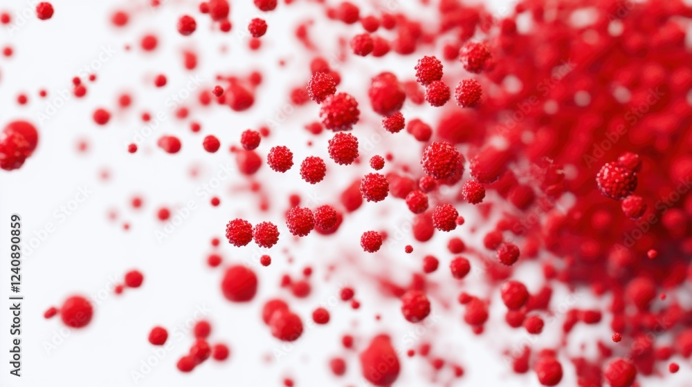 A close-up red microscope image of virus particles, representing viral infections and scientific research, isolated on a white background.