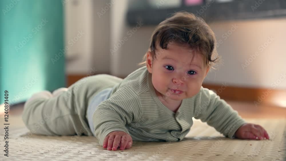 Baby smiling and lifting body while lying on a mat, engaging in early development, showing happiness and curiosity during tummy time in a cozy indoor environment