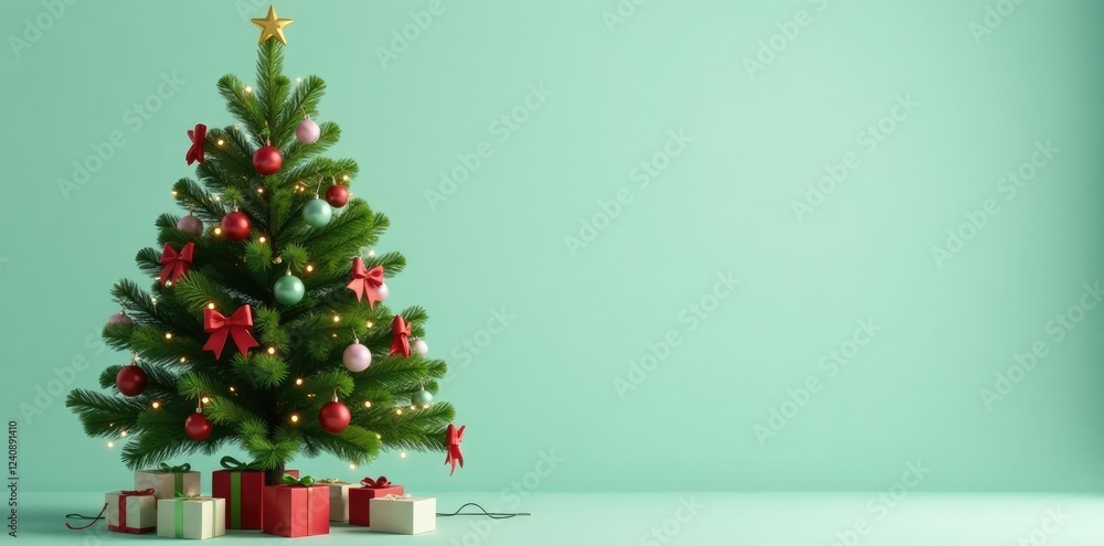 Simple green Christmas tree with colorful ribbons and bows, garland, festive lights, light background Simple green Christmas tree with colorful ribbons and bows, garland, festive lights, light background