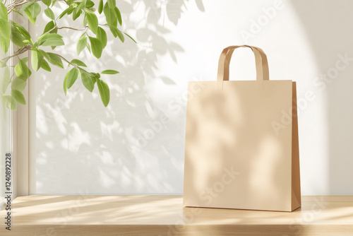 Photorealistic mockup of a brown paper bag displayed on wooden surface in a sunlit room with greenery photo