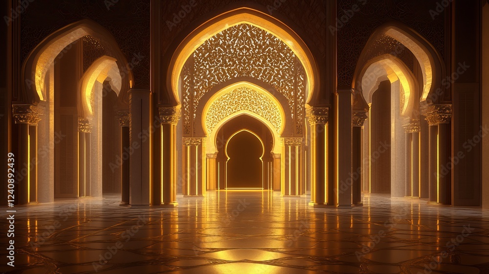 Obraz premium A dark gold Islamic archway at night, shown in high detail.